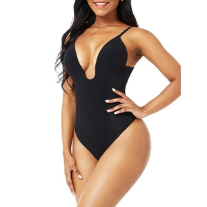 Plunge Low-Back Thong Bodysuit Shaper-Shapewear-Tres Unique Boutique-XL-BLACK-Tres Unique Boutique